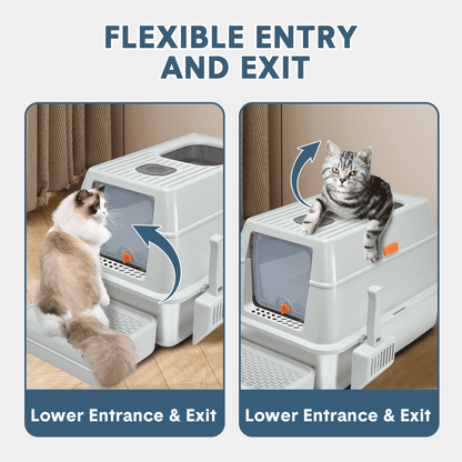 Light grey enclosed stainless steel cat litter box with top entry and ramp