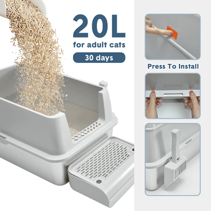 Light grey enclosed stainless steel cat litter box with top entry and ramp