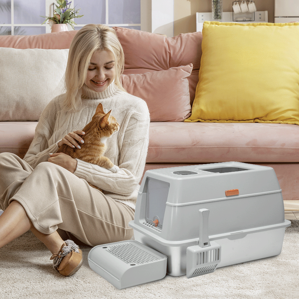 Light grey enclosed stainless steel cat litter box with top entry and ramp