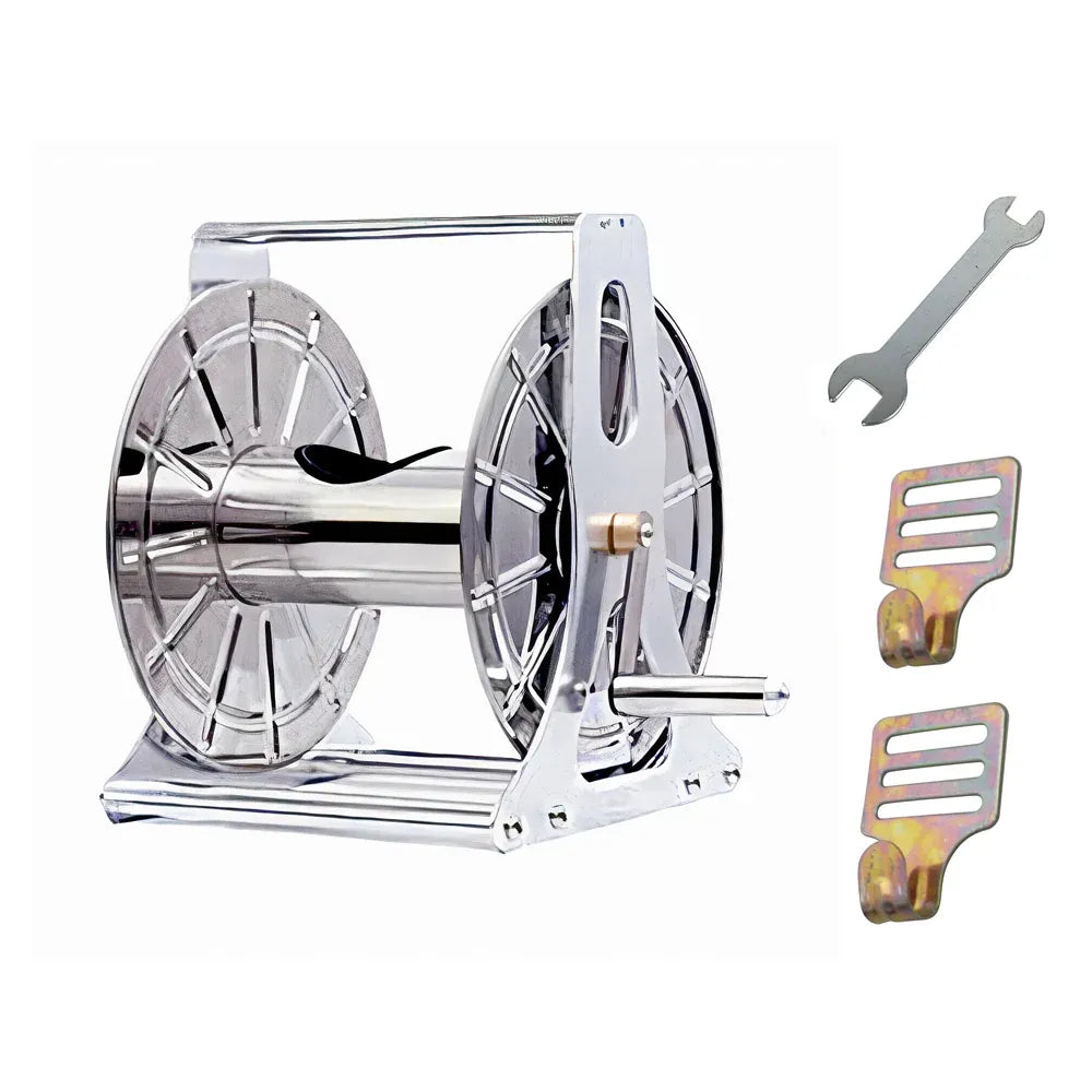 Stainless steel hose reel cart with crank handle and wall hooks, silver finish