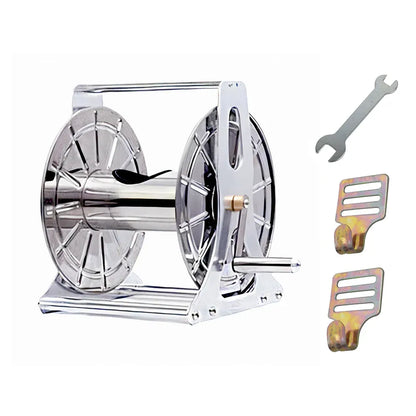 Stainless steel hose reel cart with crank handle and wall hooks, silver finish