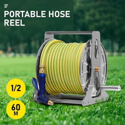 Stainless steel hose reel cart with crank handle and wall hooks, silver finish