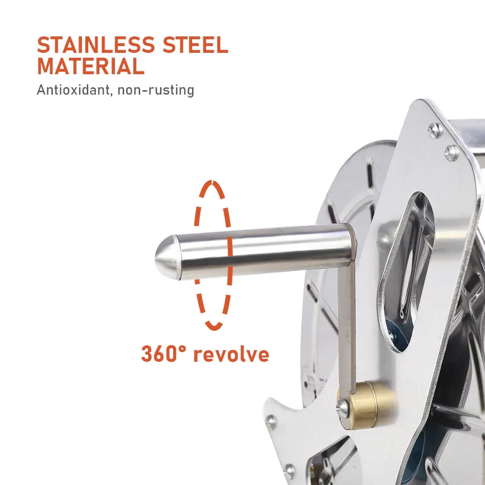 Stainless steel hose reel cart with crank handle and wall hooks, silver finish