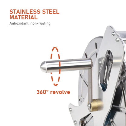Stainless steel hose reel cart with crank handle and wall hooks, silver finish