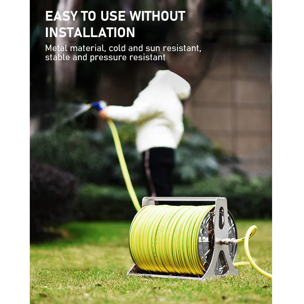 Stainless steel hose reel cart with crank handle and wall hooks, silver finish