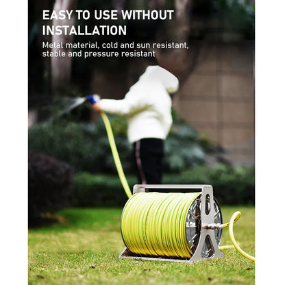 Stainless steel hose reel cart with crank handle and wall hooks, silver finish