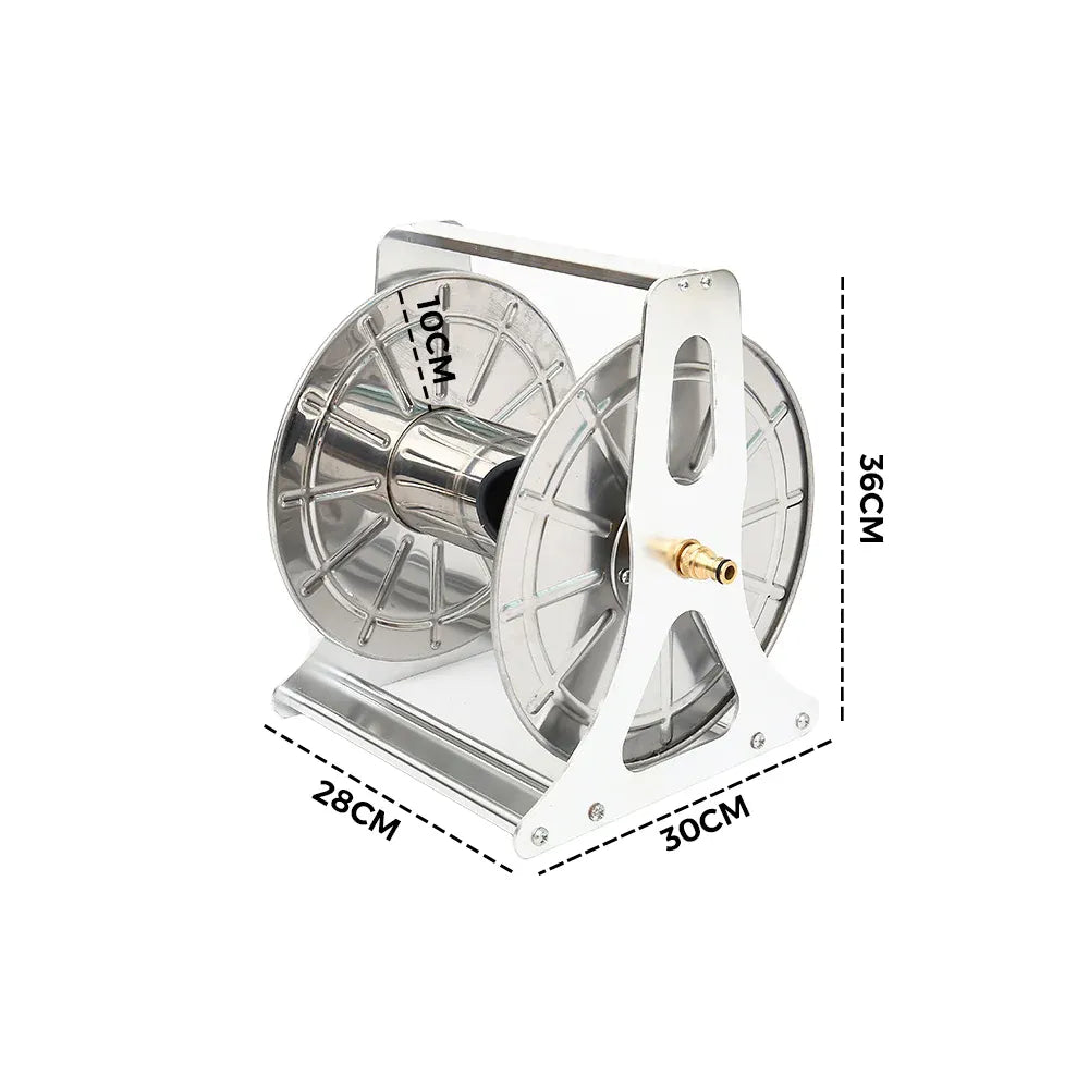 Stainless steel hose reel cart with crank handle and wall hooks, silver finish