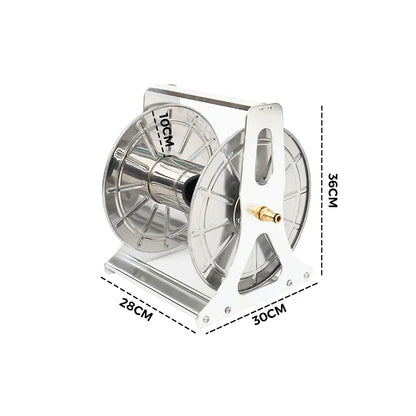 Stainless steel hose reel cart with crank handle and wall hooks, silver finish