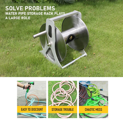 Stainless steel hose reel cart with crank handle and wall hooks, silver finish