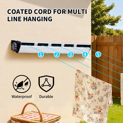 White wall-mounted retractable clothesline with five lines and housing