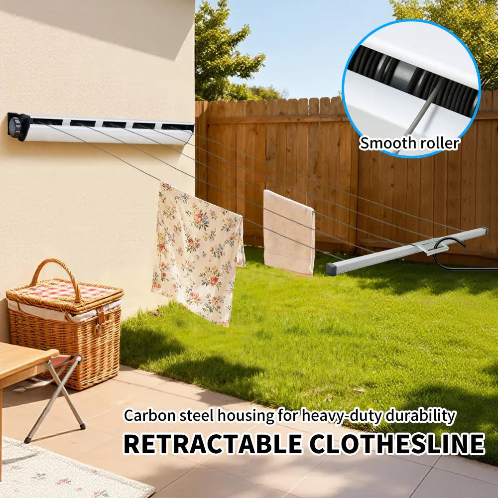 White wall-mounted retractable clothesline with five lines and housing