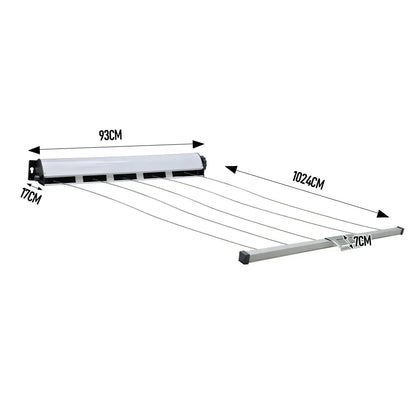 White wall-mounted retractable clothesline with five lines and housing