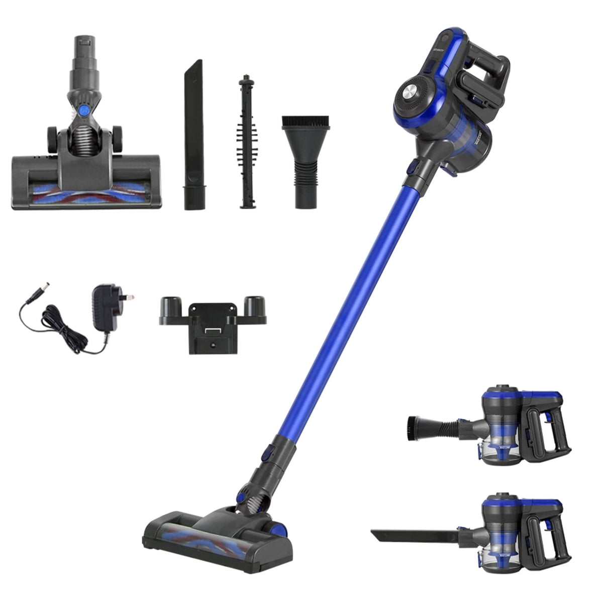Blue cordless brushless stick vacuum with floor head and accessories