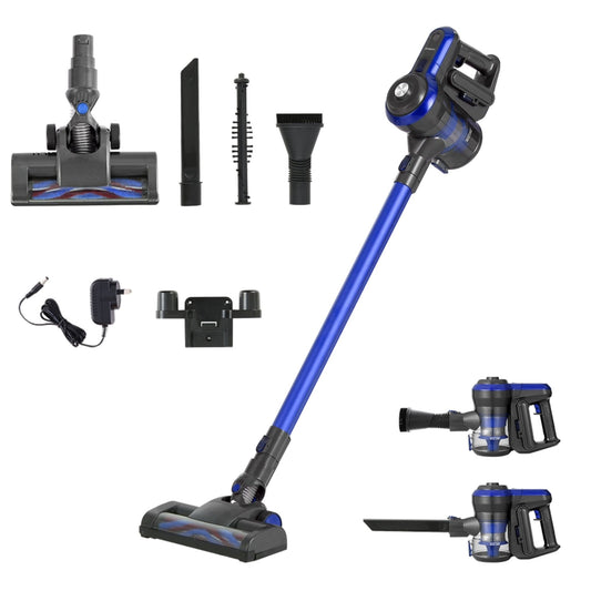 Blue cordless brushless stick vacuum with floor head and accessories