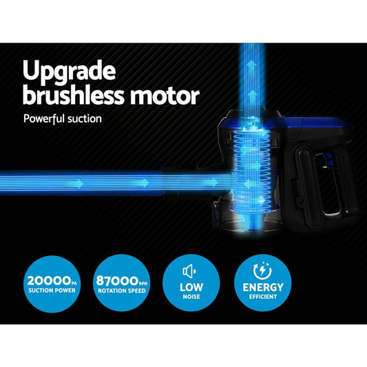 Blue cordless brushless stick vacuum with floor head and accessories