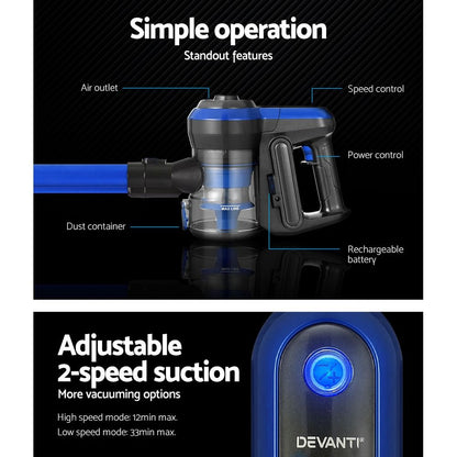 Blue cordless brushless stick vacuum with floor head and accessories