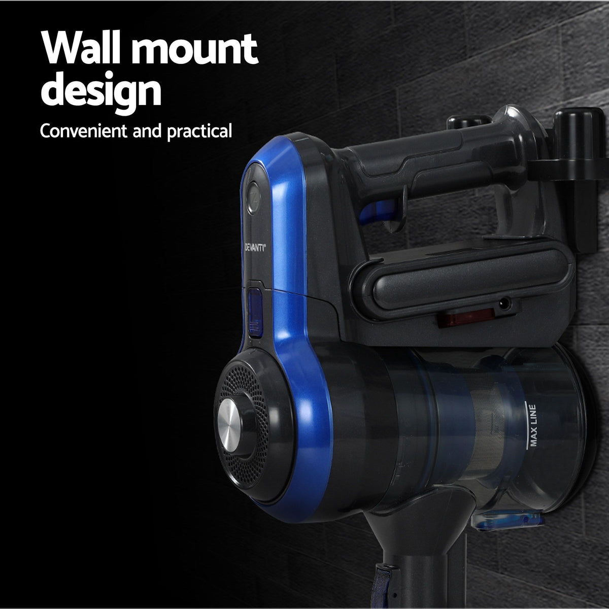 Blue cordless brushless stick vacuum with floor head and accessories