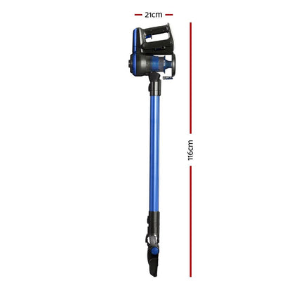 Blue cordless brushless stick vacuum with floor head and accessories