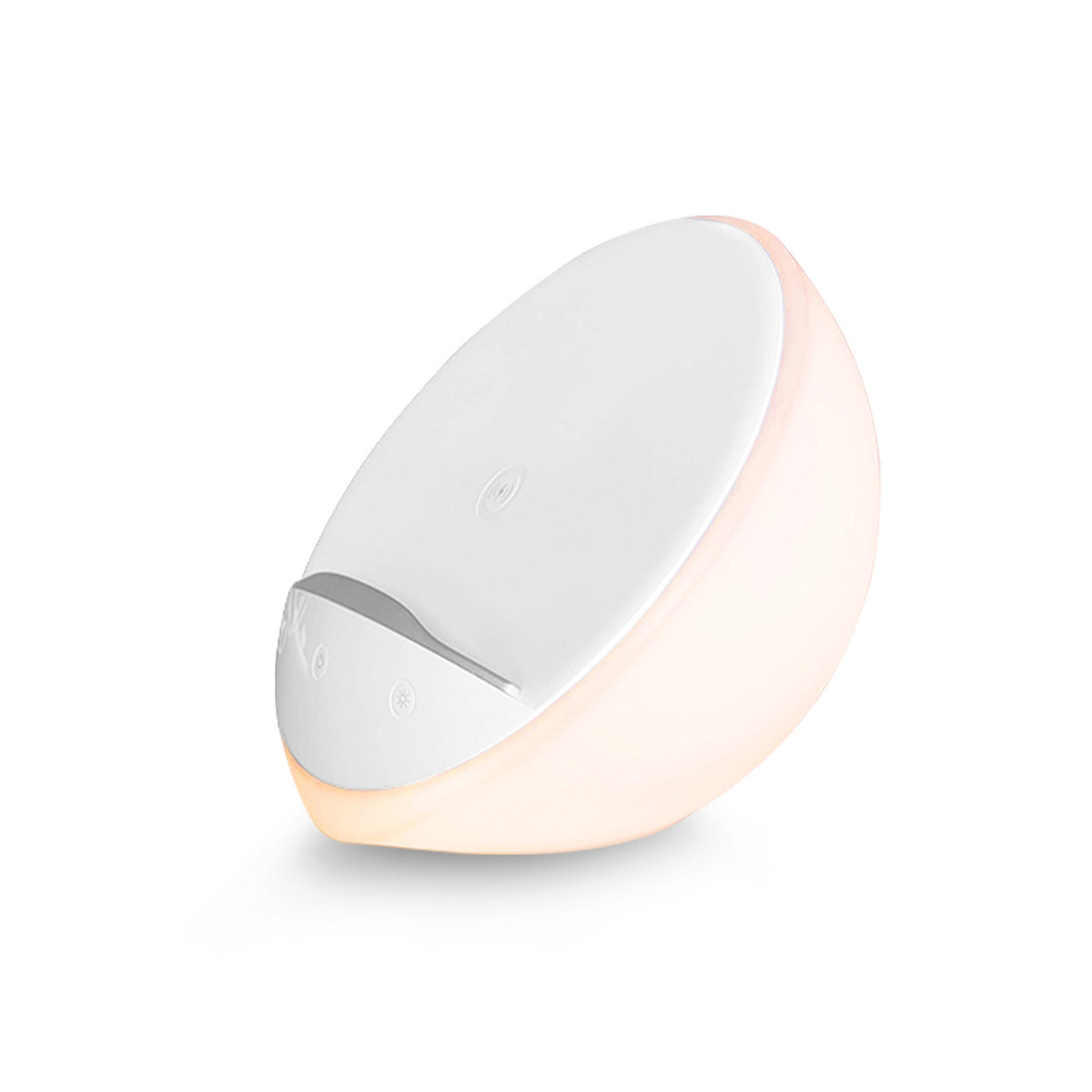 White bedside lamp with touch controls, built-in phone holder and wireless charging base
