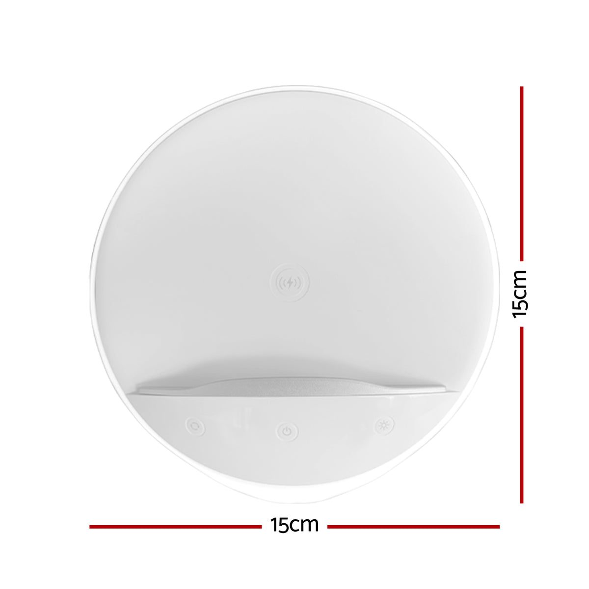 White bedside lamp with touch controls, built-in phone holder and wireless charging base