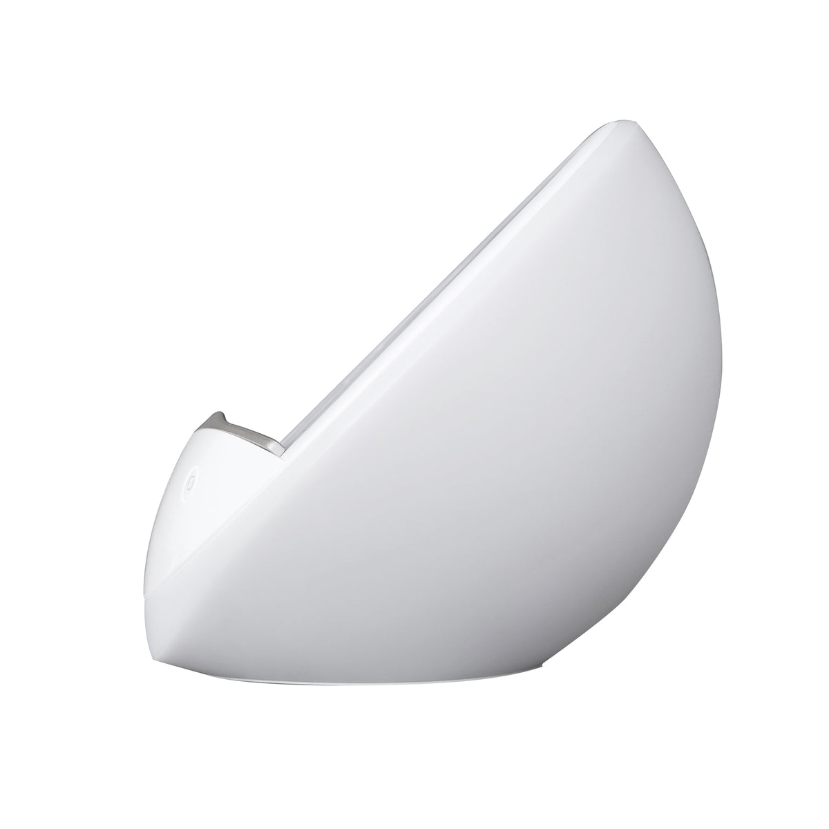 White bedside lamp with touch controls, built-in phone holder and wireless charging base