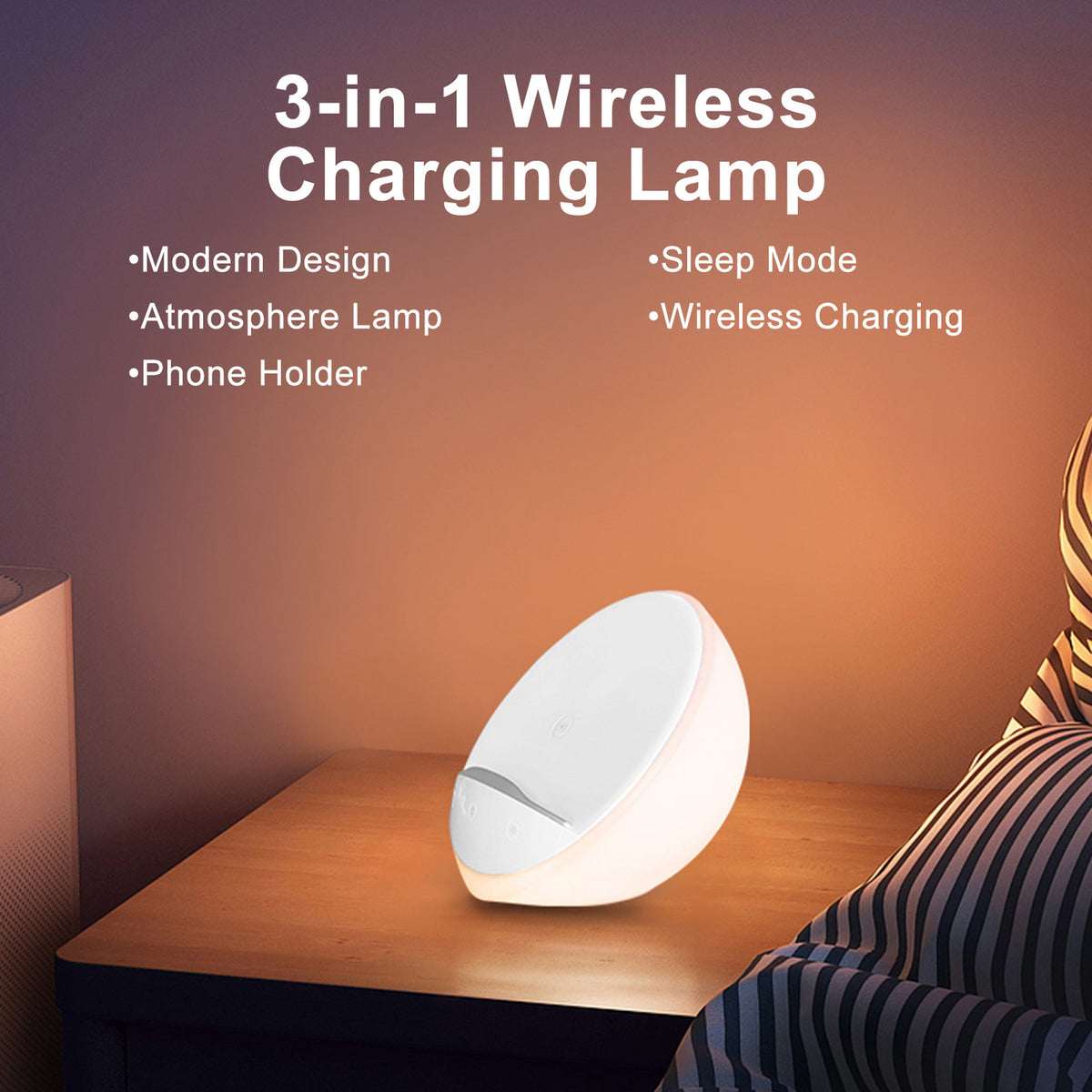 White bedside lamp with touch controls, built-in phone holder and wireless charging base