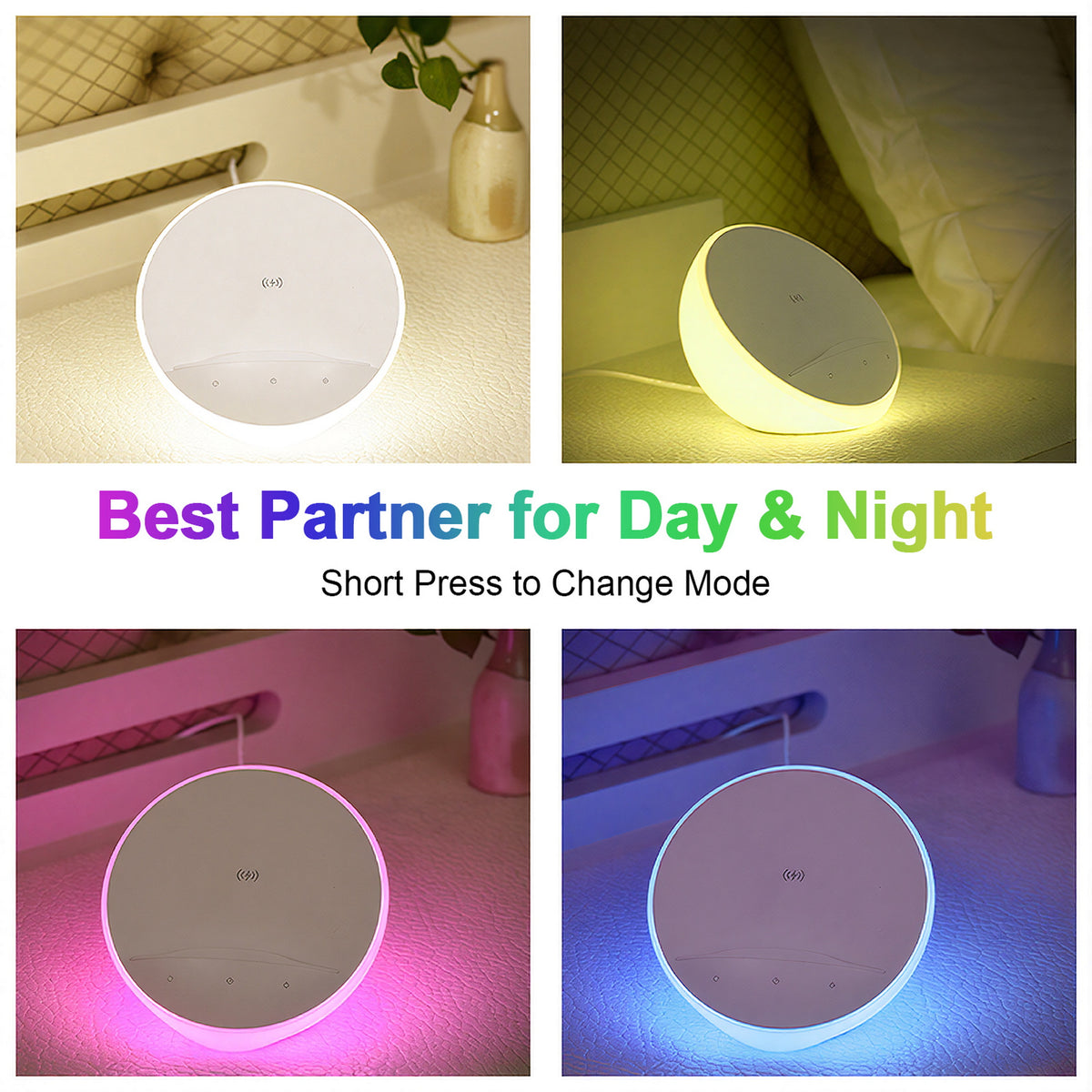 White bedside lamp with touch controls, built-in phone holder and wireless charging base