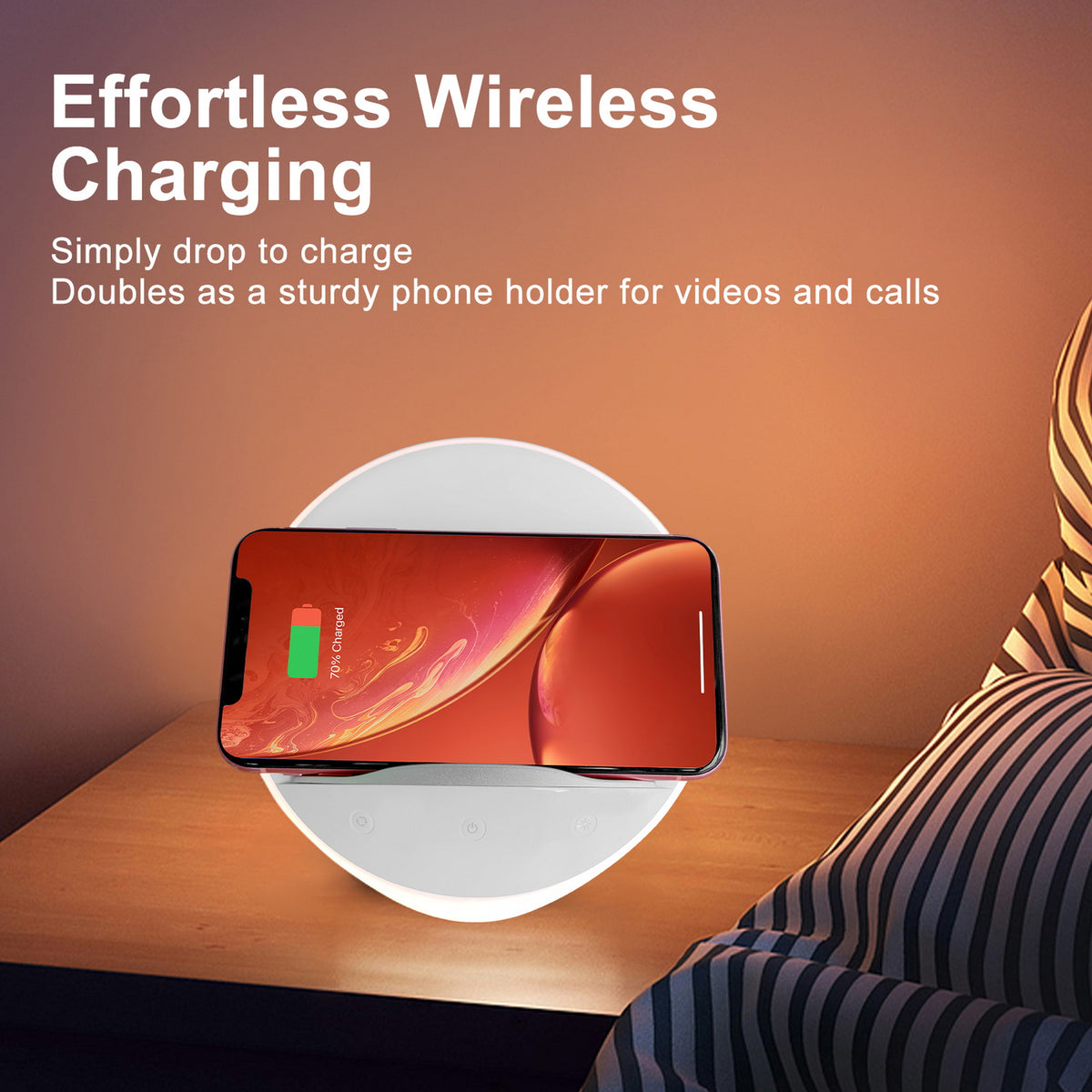 White bedside lamp with touch controls, built-in phone holder and wireless charging base