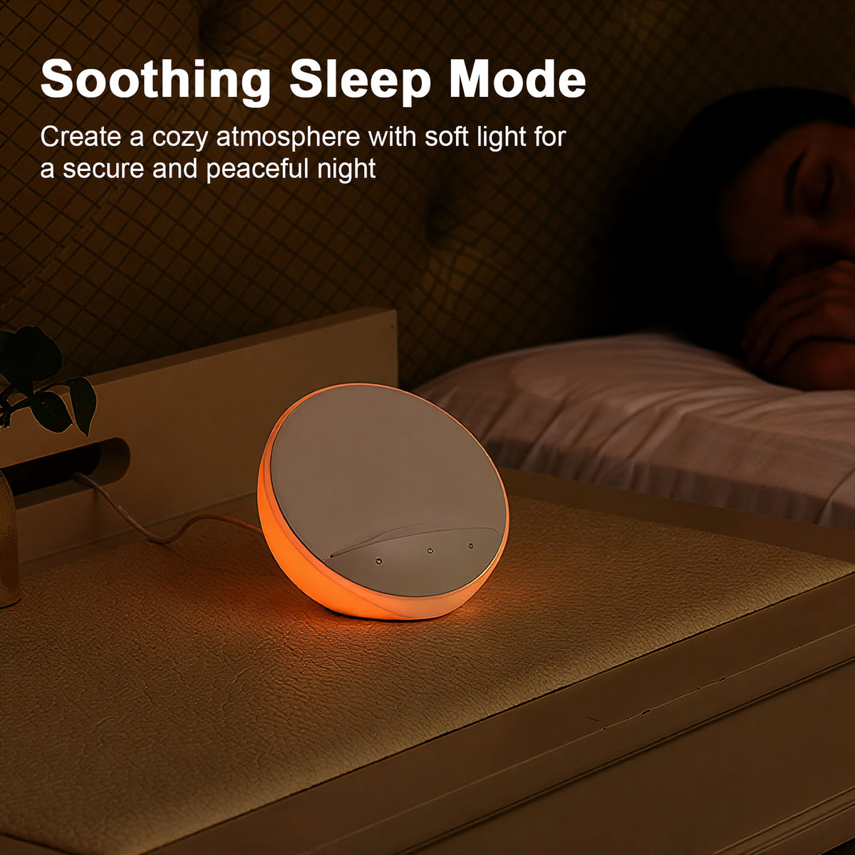 White bedside lamp with touch controls, built-in phone holder and wireless charging base