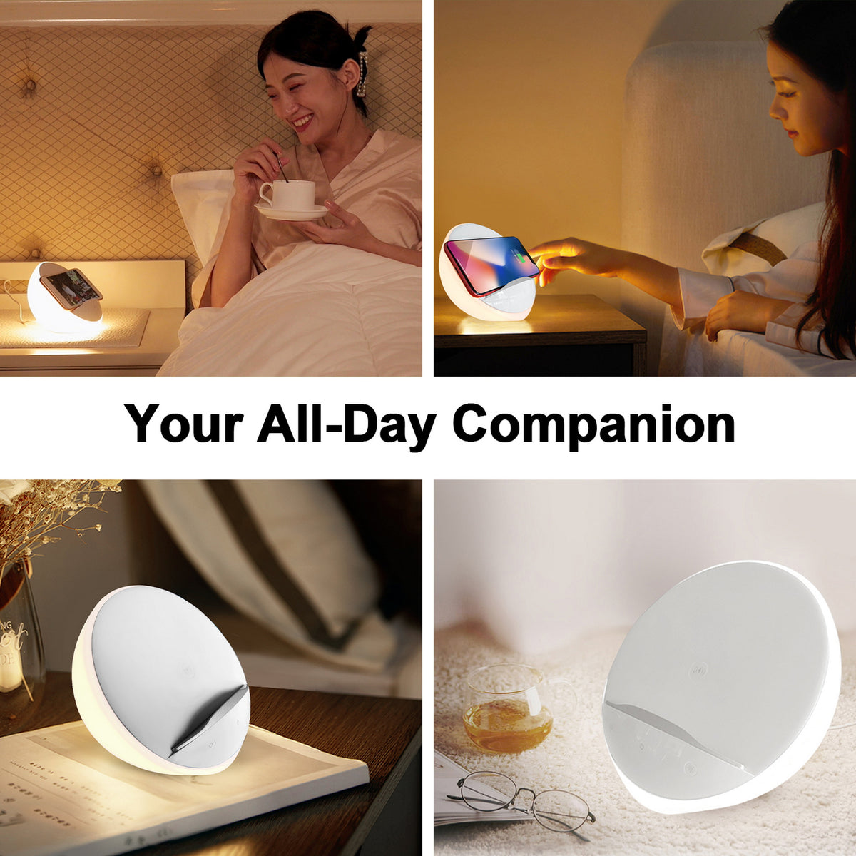 White bedside lamp with touch controls, built-in phone holder and wireless charging base