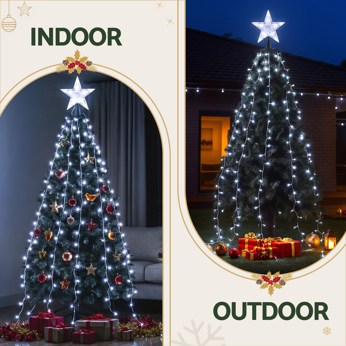 Christmas tree waterfall fairy lights with star topper and 10 hanging light strands