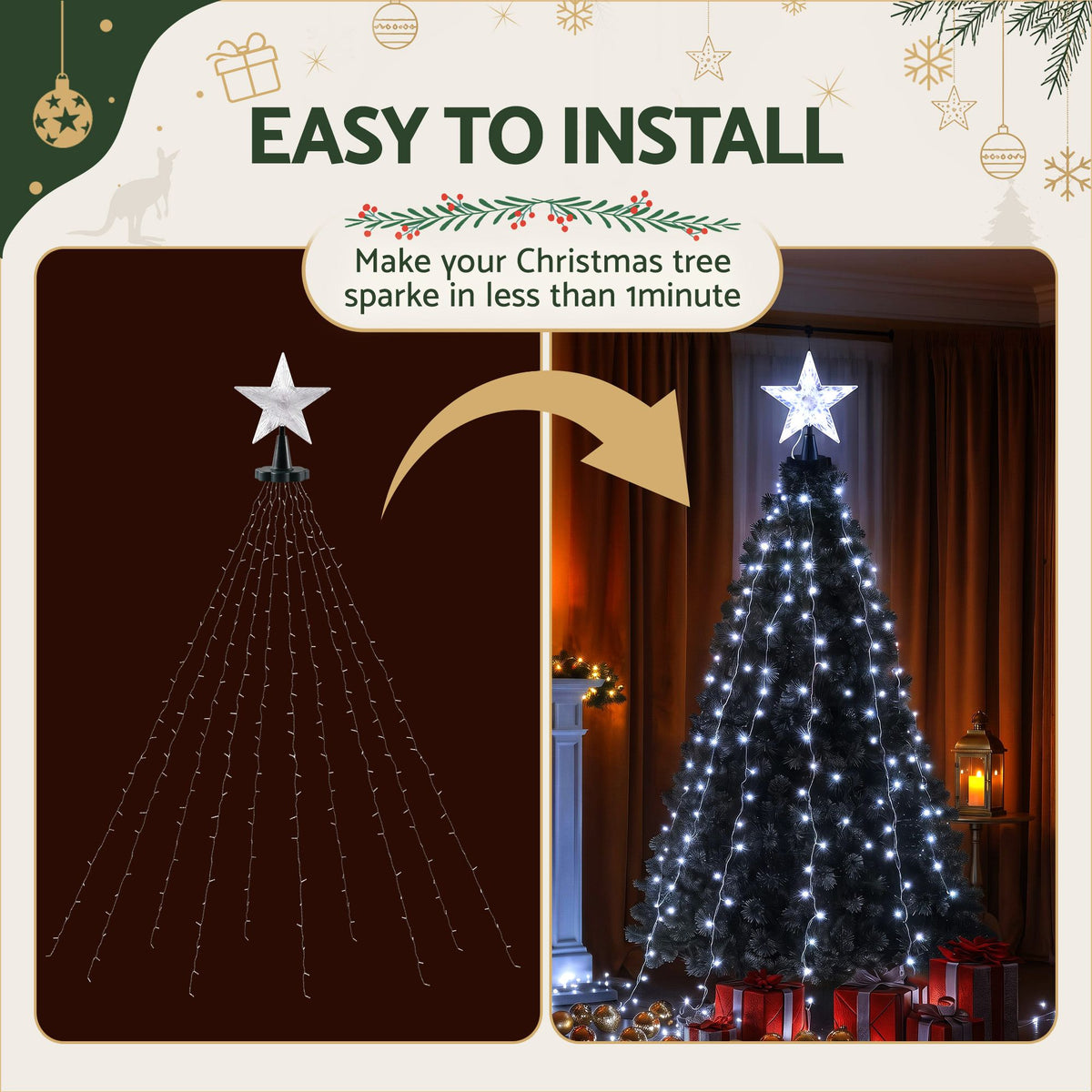 Christmas tree waterfall fairy lights with star topper and 10 hanging light strands